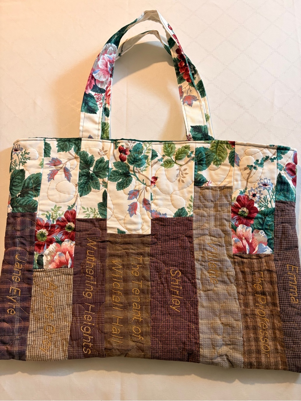 Wuthering Heights Quilted Floral Patchwork Tote Bag in Cream, Green and Brown